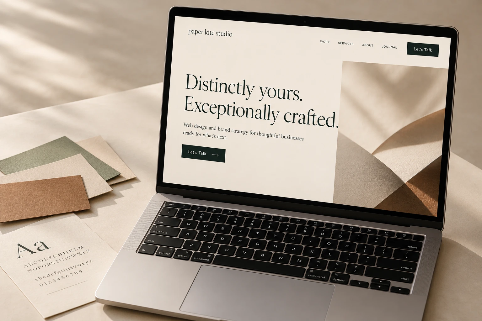Illustrative studio study of Paper Kite’s own website on a laptop with brand color and typography samples